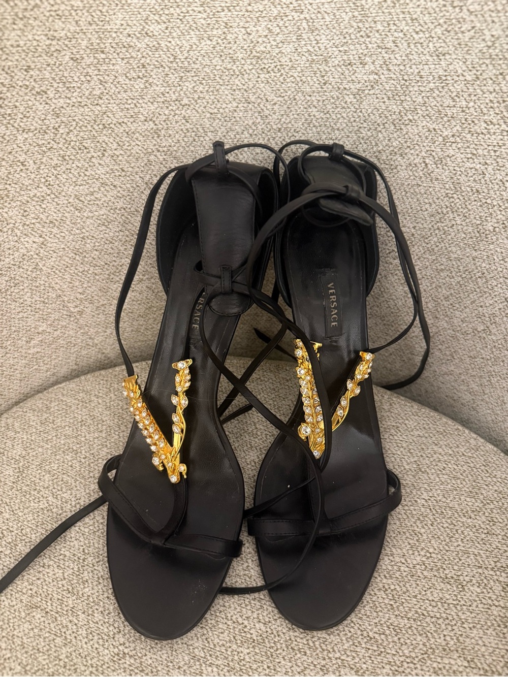 Versace Black Satin Lace-Up Heels with Gold Crystal V Motif